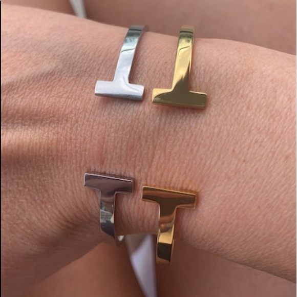 T Square Bracelet Bangle 14k yellow gold plated or Solid Stainless Steel new - Picture 1 of 10